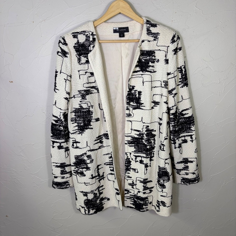 St John Open Front Knit Cardigan Jacket Womens 10 Abstract Santana Knit Designer